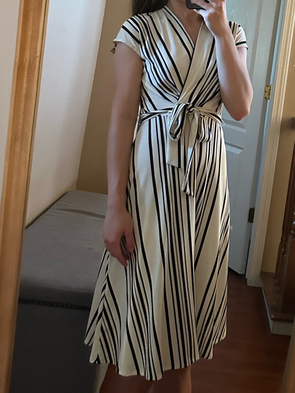 H&M Striped Wrap Midi Dress in Cream and Black